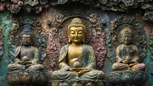 Weathered triptych of seated Buddha relief sculptures.