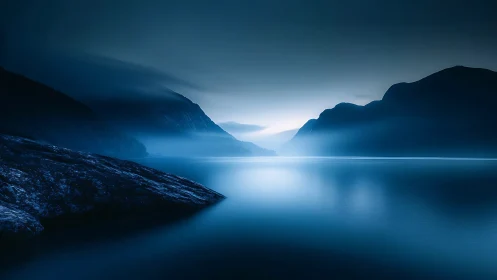 Soft blue dawn settles over a tranquil mountain fjord