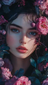 Woman’s stylized face framed by vivid pink garden roses.