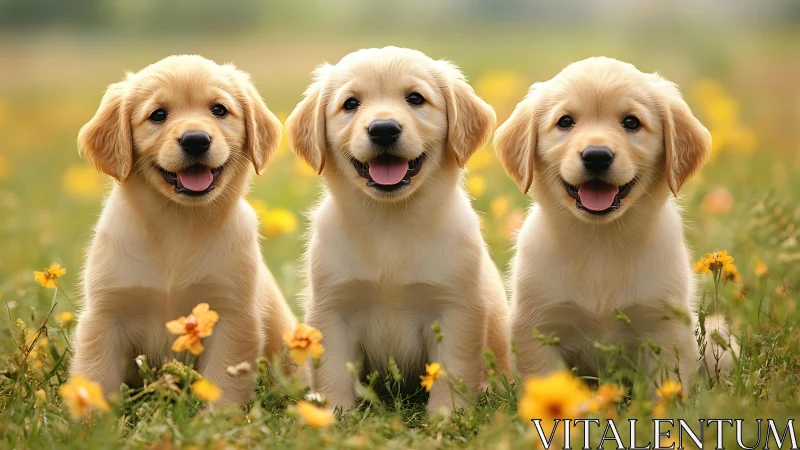 Golden retriever puppies aligned in sunlit wildflower field.