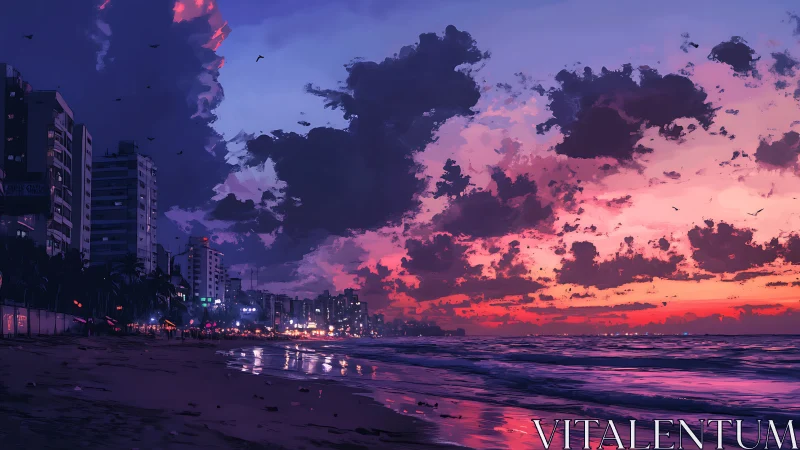 Dreamy seaside city sunset painted in glowing purples.