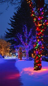 Snow covered park pathway lined with illuminated winter trees.