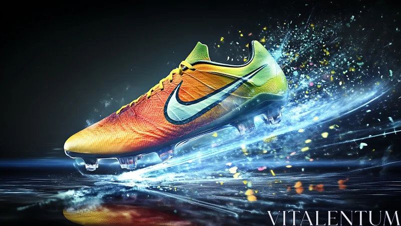 Explosive neon soccer cleat surges through dynamic light trails