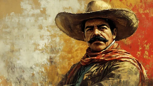 Stoic cowboy portrait against bold textured backdrop.