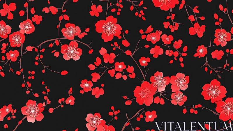 Red Blossoms on Dark Canvas Create Elegant Floral Pattern