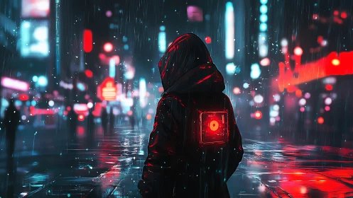 Lone hooded figure in neon cyberpunk rain city street.
