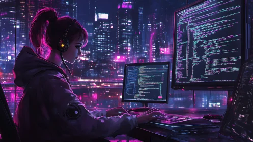 Neon city coder immersed in glowing late night focus.