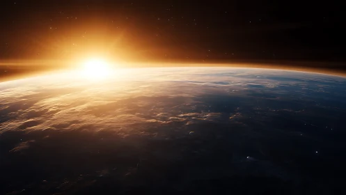 Glowing sunrise crests Earth’s horizon in deep space silence.