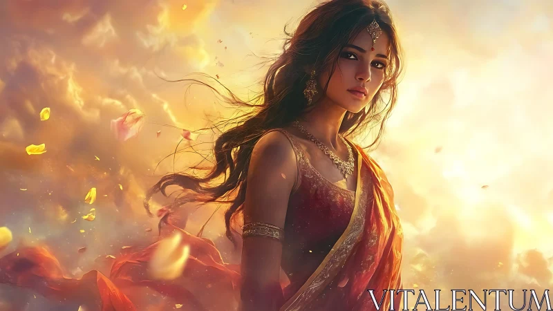 Sunlit sari goddess strides through swirling golden skies