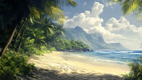 Emerald Coastline with Palms Under Cumulus Skies.