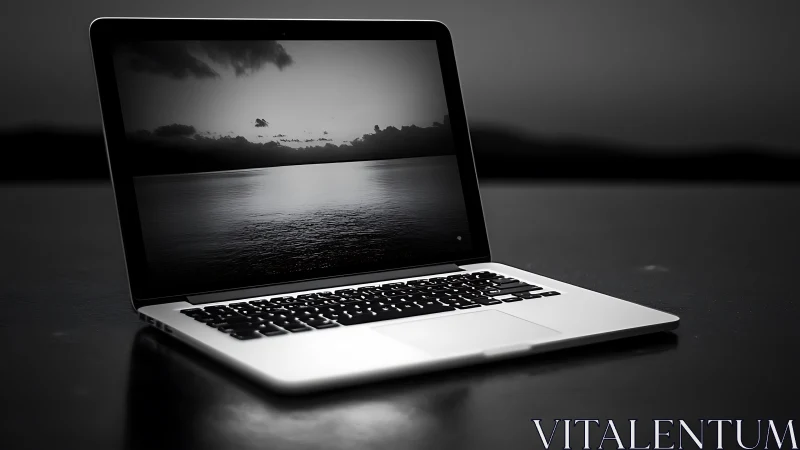 Laptop computer displays monochrome seascape on glossy screen