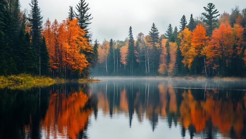 Mirrored Autumn Reverie: Forest Fire Reflected in Glassy Waters.