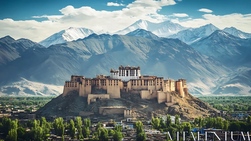 Hilltop monastery complex before layered mountain ranges.