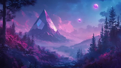 Neon pyramid monument in bioluminescent alien forest twilight.