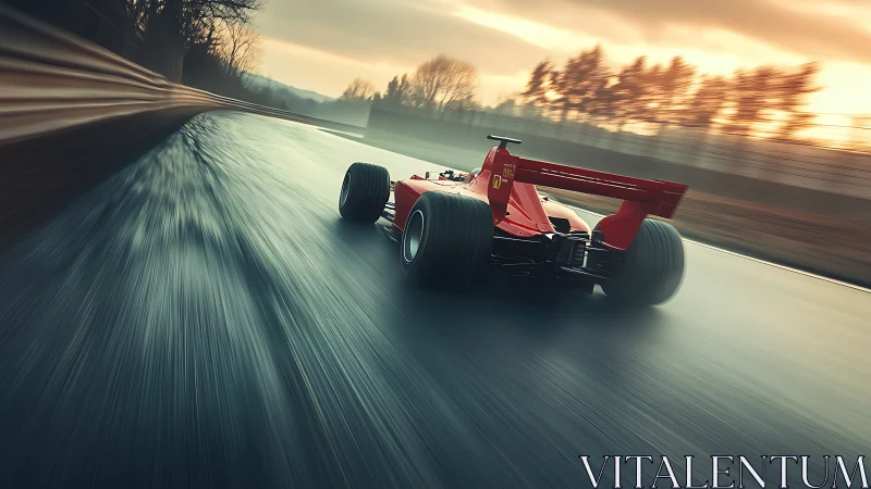 Red Formula race car accelerates through wet track corner