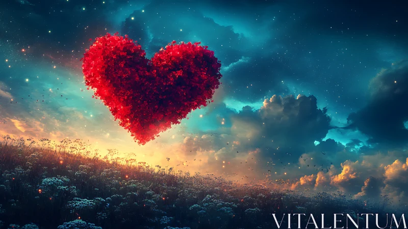 Luminescent Heart Suspended Above Terrestrial Landscape.