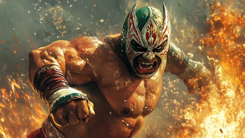 Masked luchador charges through blazing fiery chaos.