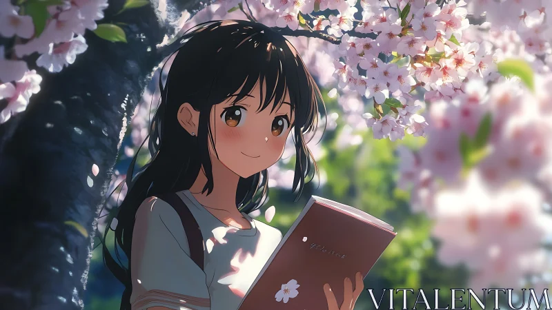 Blossom-bright reader drifts through petals and quiet light