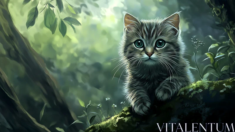 Digitally Rendered Tabby Kitten in Verdant Forest Ecosystem.
