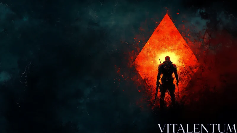 Armored lone soldier before blazing red void portal silhouette