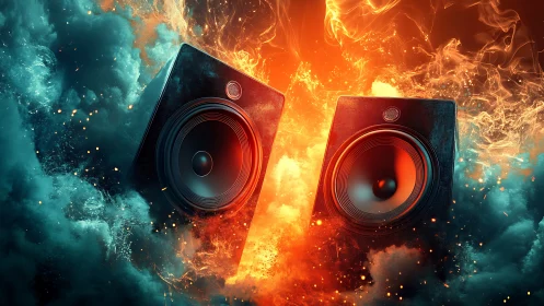 Dual studio speakers erupt through swirling fire and smoke.