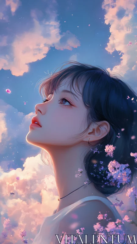 Dreamy anime girl gazes skyward amid glowing clouds.