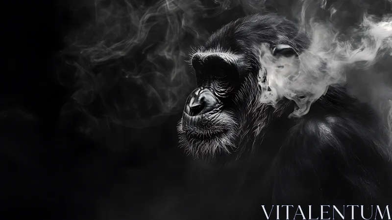 Monochrome chimpanzee portrait enveloped in drifting vapor