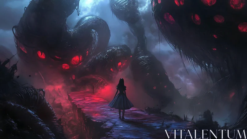 Girl confronts colossal tentacled horror in crimson void.