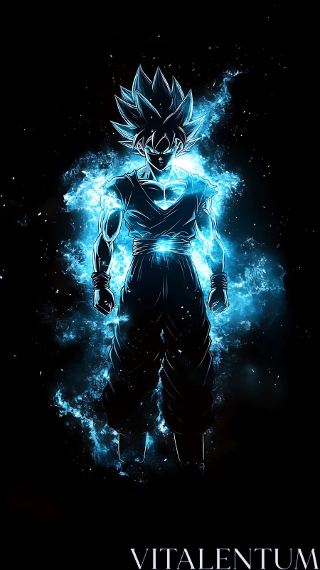 Blue energy anime warrior silhouette on dark space background.