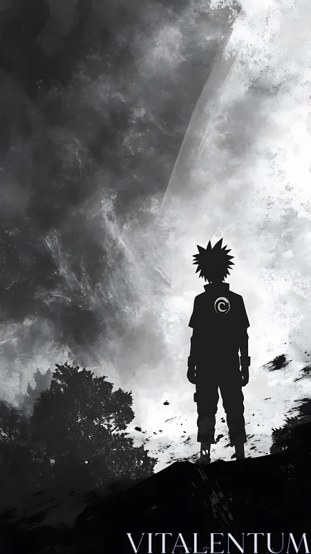 Silhouetted anime figure confronts a vast stormy sky