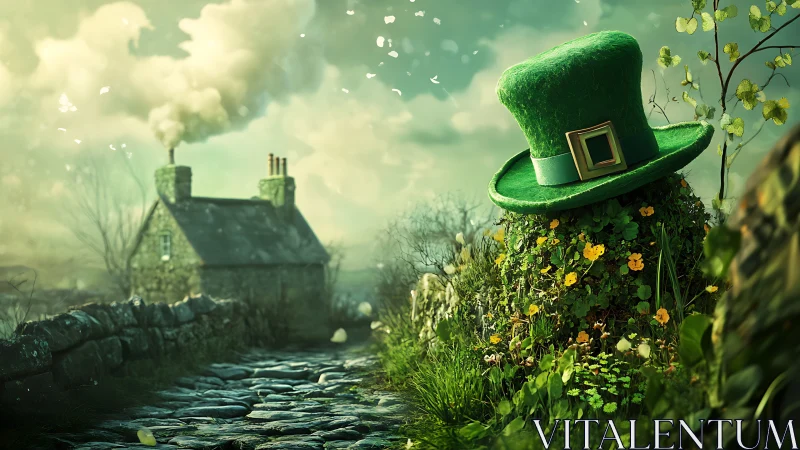 Runaway leprechaun hat guarding a mossy cottage lane.