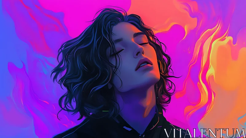 Digital portrait shows figure with closed eyes against gradients