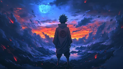 Lone ninja watches burning horizon beneath electric moon.