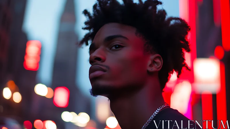 Young man in neon city street at dusk, intense side gaze.