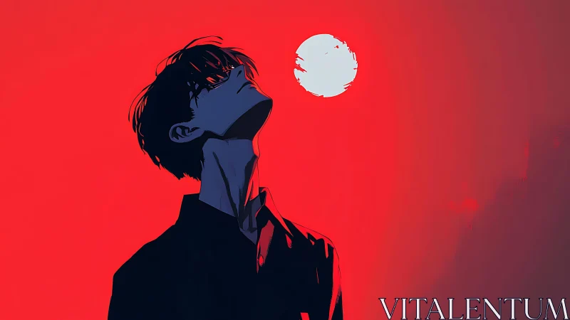 Silhouetted youth studies stark moon over crimson sky.