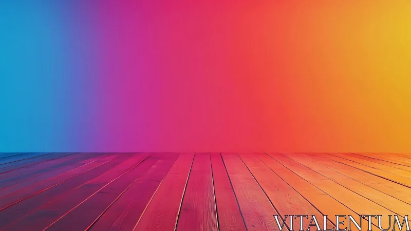 Rainbow plank stage under neon sunset gradient sky.