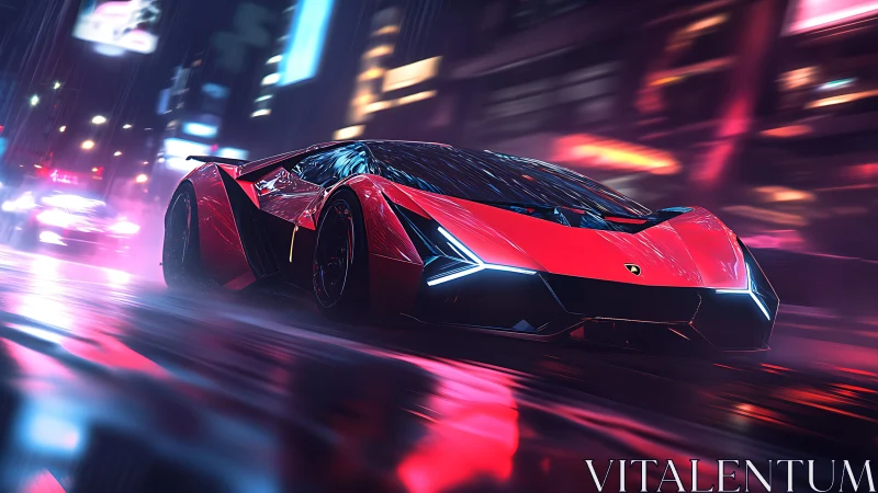 Neon red hypercar racing through rainy cyberpunk city streets