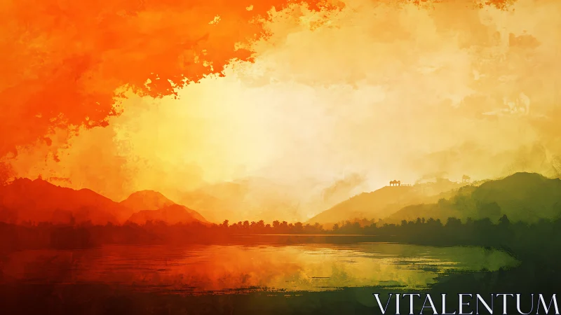 Layered hills with lake under orange yellow sky at dusk.