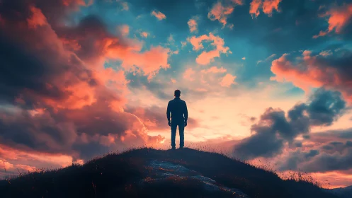 Solitary dreamer standing beneath a glowing sunset sky.