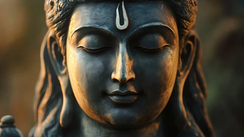 Serene bronze deity bust in warm, cinematic close-up light.