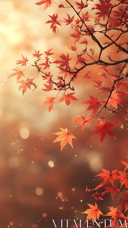 Gentle autumn maple leaves drifting in golden evening light.