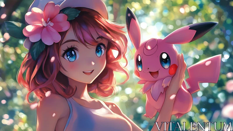 Pink haired anime girl holding pink creature outdoors.