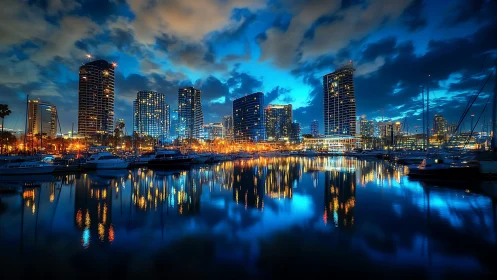 Harbor skyline drenches midnight clouds in electric blue glow.