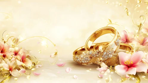 Gold wedding rings with pink flowers on soft cream background.