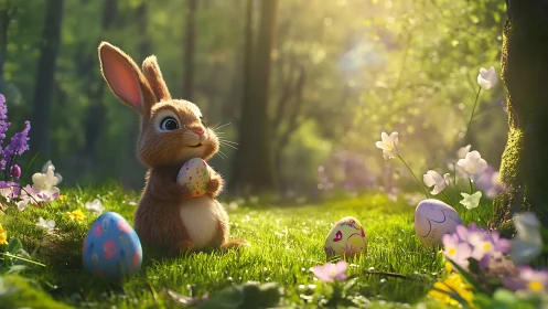 Sunlit woodland bunny guarding painted springtime treasures.