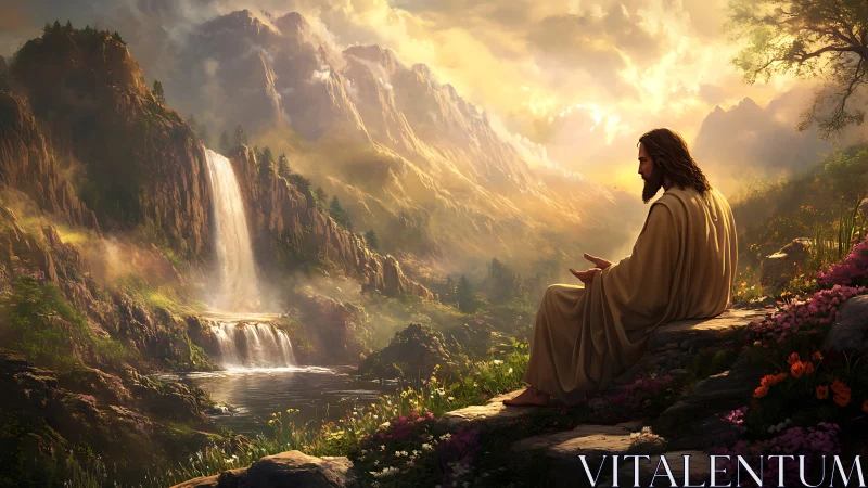 Figure in robe overlooking sunlit mountains and falls.