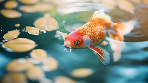 Koi fish glides through soft focus pond with drifting leaves