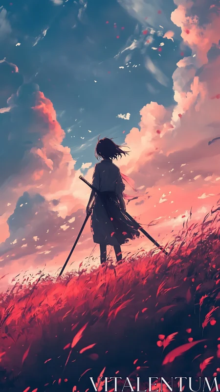 Anime samurai silhouette against cinematic sunset skyscape.