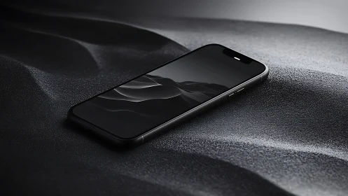 Sleek black smartphone rests on sculpted textured surface.