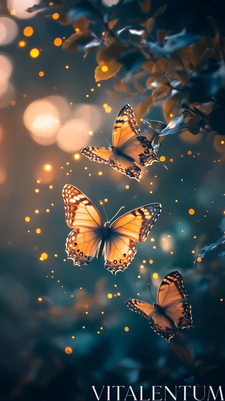 Three illuminated butterflies hover among glowing bokeh lights